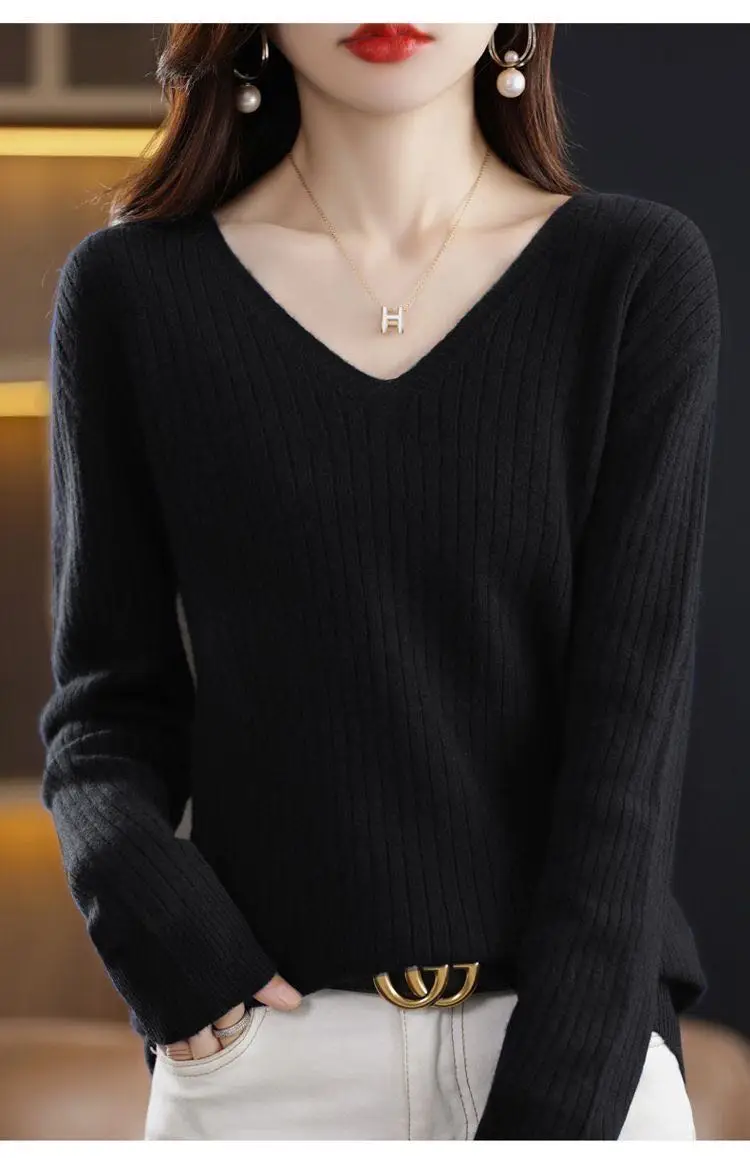 Chic Casual Autumn Winter Basic Sweater Pullovers Women V-neck Solid Knit Loose Pullover Female Long Sleeve Warm Khaki Sweater - Image 43