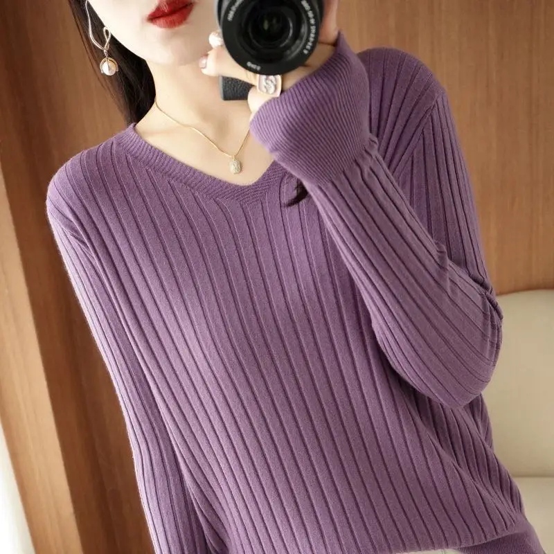 Chic Casual Autumn Winter Basic Sweater Pullovers Women V-neck Solid Knit Loose Pullover Female Long Sleeve Warm Khaki Sweater - Image 44