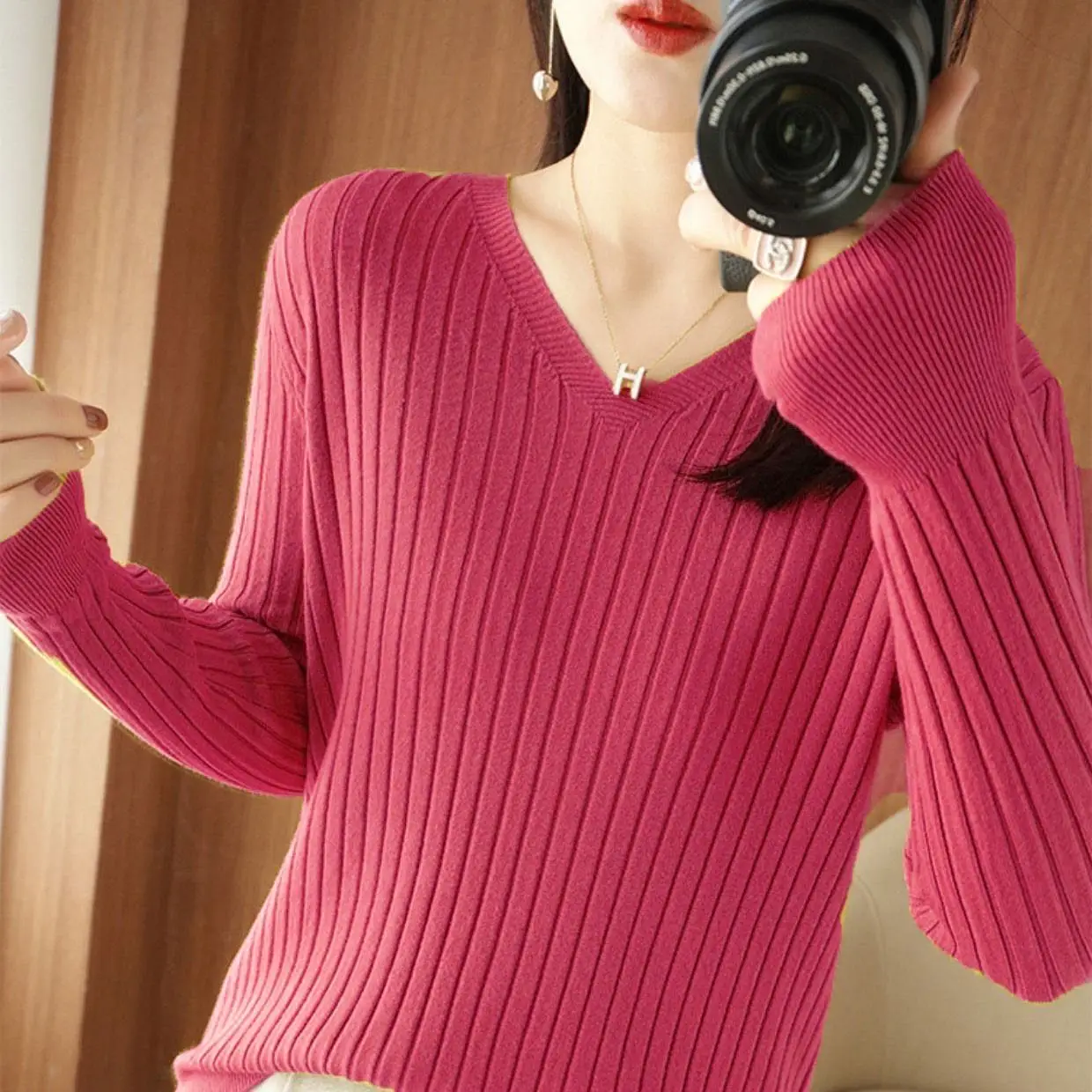 Chic Casual Autumn Winter Basic Sweater Pullovers Women V-neck Solid Knit Loose Pullover Female Long Sleeve Warm Khaki Sweater - Image 45