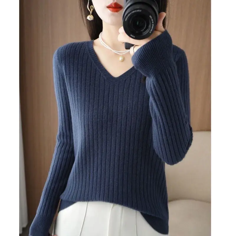 Chic Casual Autumn Winter Basic Sweater Pullovers Women V-neck Solid Knit Loose Pullover Female Long Sleeve Warm Khaki Sweater - Image 46