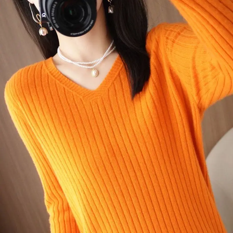 Chic Casual Autumn Winter Basic Sweater Pullovers Women V-neck Solid Knit Loose Pullover Female Long Sleeve Warm Khaki Sweater - Image 47
