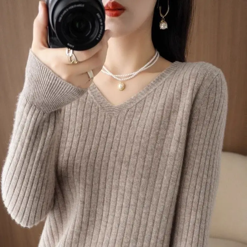 Chic Casual Autumn Winter Basic Sweater Pullovers Women V-neck Solid Knit Loose Pullover Female Long Sleeve Warm Khaki Sweater - Image 48