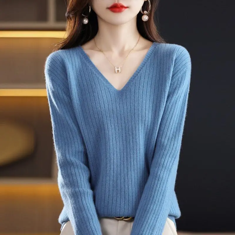 Chic Casual Autumn Winter Basic Sweater Pullovers Women V-neck Solid Knit Loose Pullover Female Long Sleeve Warm Khaki Sweater - Image 49