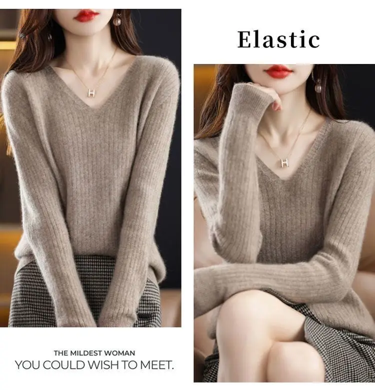 Chic Casual Autumn Winter Basic Sweater Pullovers Women V-neck Solid Knit Loose Pullover Female Long Sleeve Warm Khaki Sweater - Image 5
