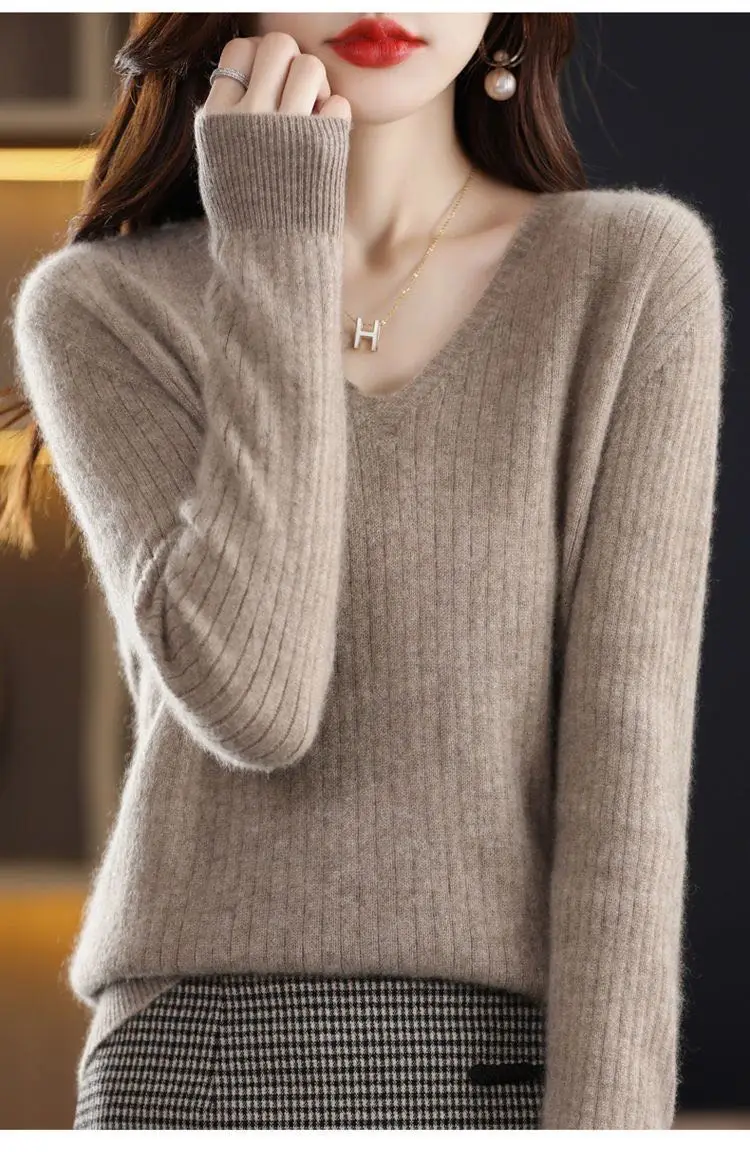 Chic Casual Autumn Winter Basic Sweater Pullovers Women V-neck Solid Knit Loose Pullover Female Long Sleeve Warm Khaki Sweater - Image 6