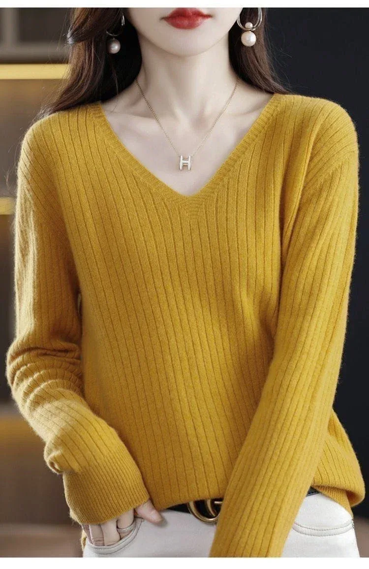 Chic Casual Autumn Winter Basic Sweater Pullovers Women V-neck Solid Knit Loose Pullover Female Long Sleeve Warm Khaki Sweater - Image 7