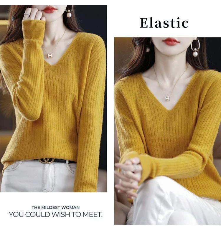Chic Casual Autumn Winter Basic Sweater Pullovers Women V-neck Solid Knit Loose Pullover Female Long Sleeve Warm Khaki Sweater - Image 8