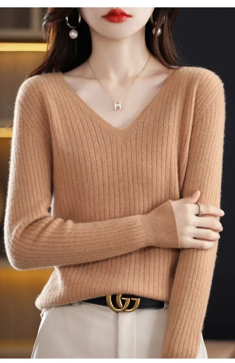 Chic Casual Autumn Winter Basic Sweater Pullovers Women V-neck Solid Knit Loose Pullover Female Long Sleeve Warm Khaki Sweater - Image 9