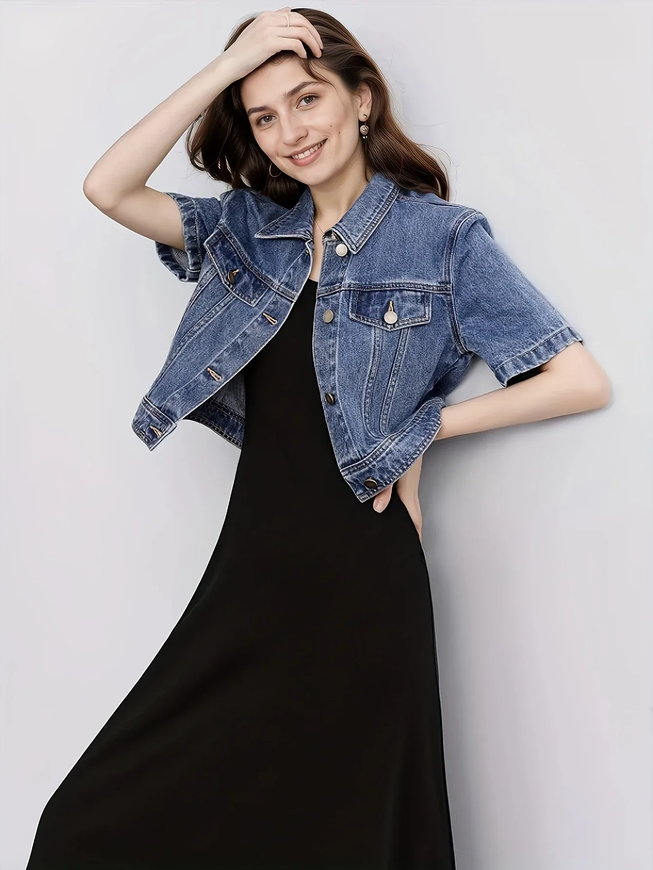Classic Collar Denim Short Jacket - Image 4