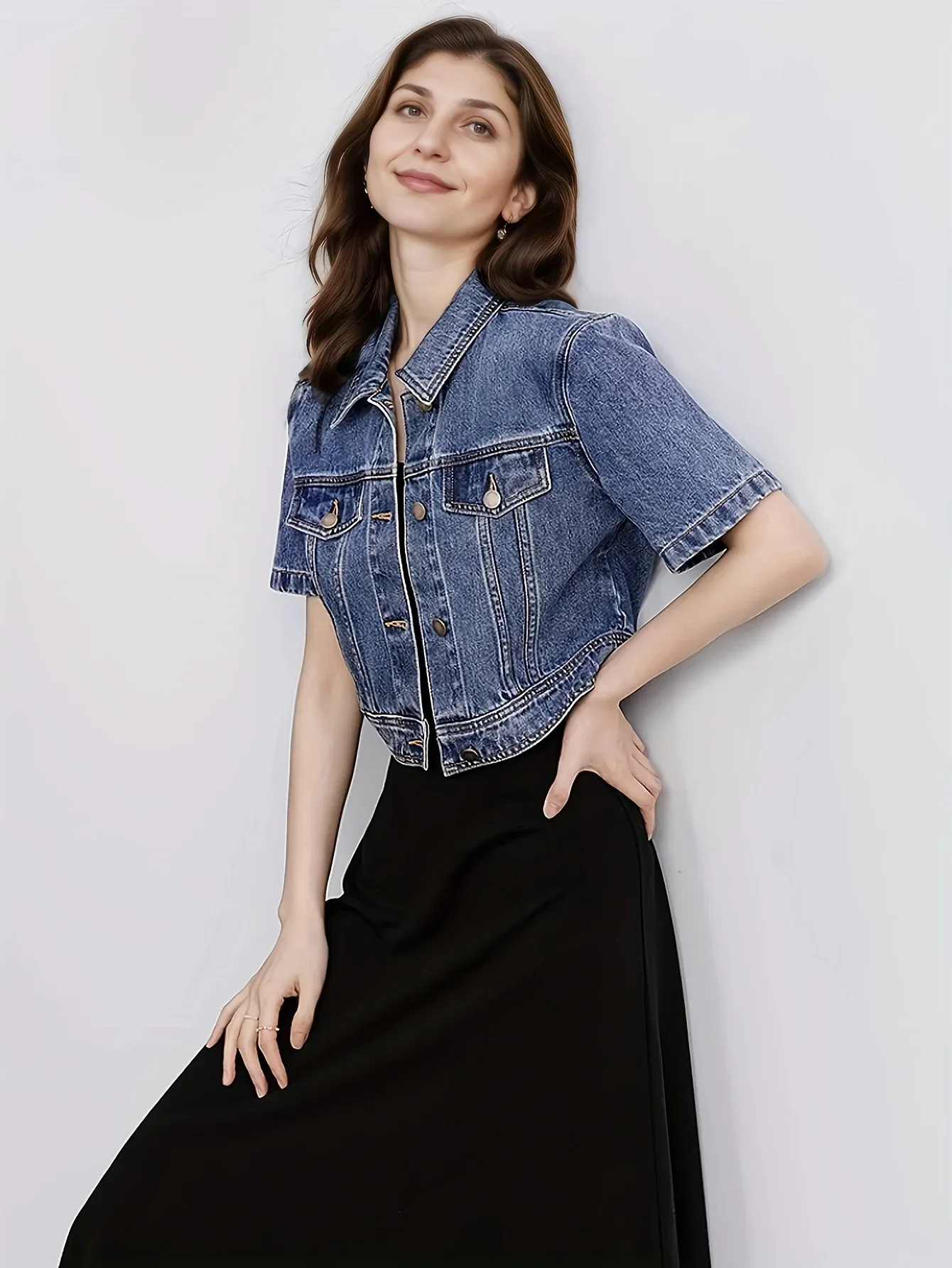 Classic Collar Denim Short Jacket - Image 5