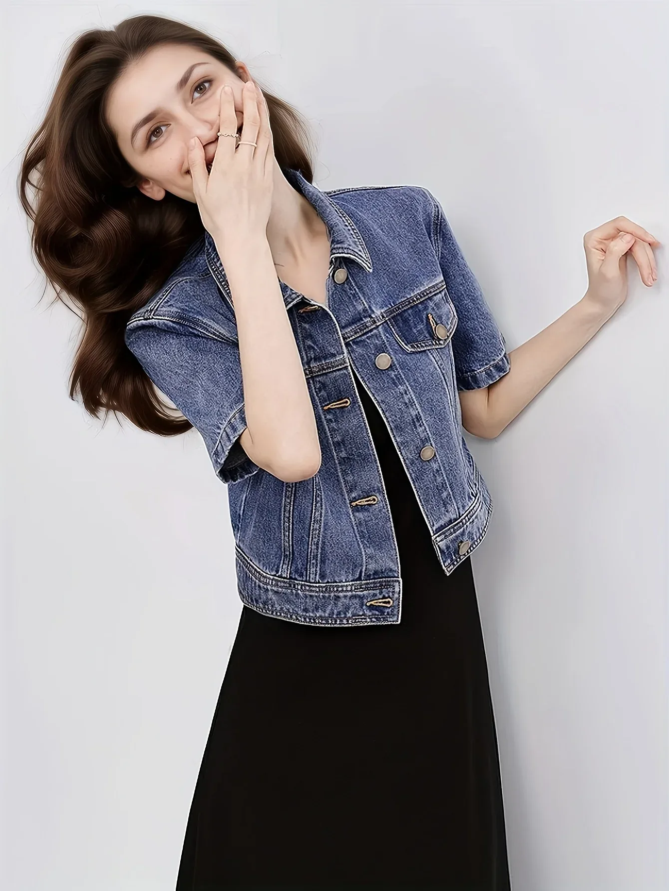 Classic Collar Denim Short Jacket - Image 7