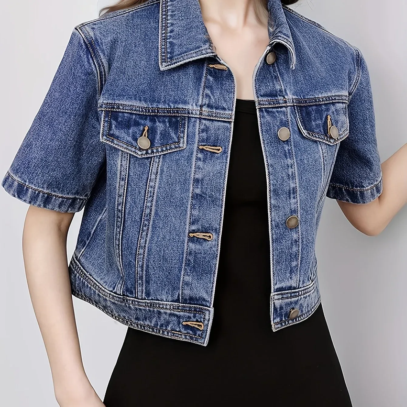 Classic Collar Denim Short Jacket - Image 8