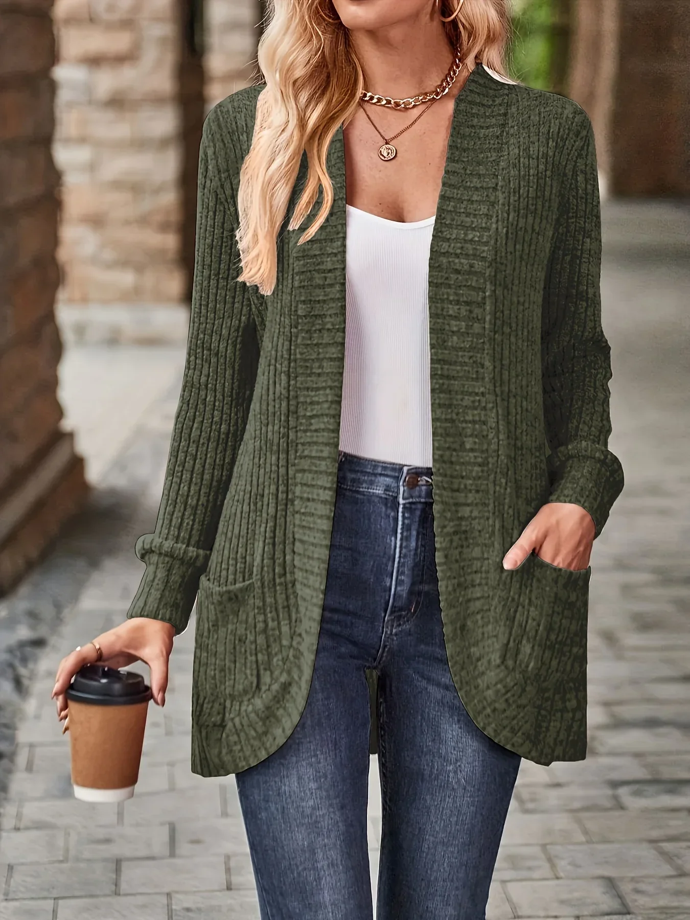 Ribbed Knit Open Cardigan - Image 14