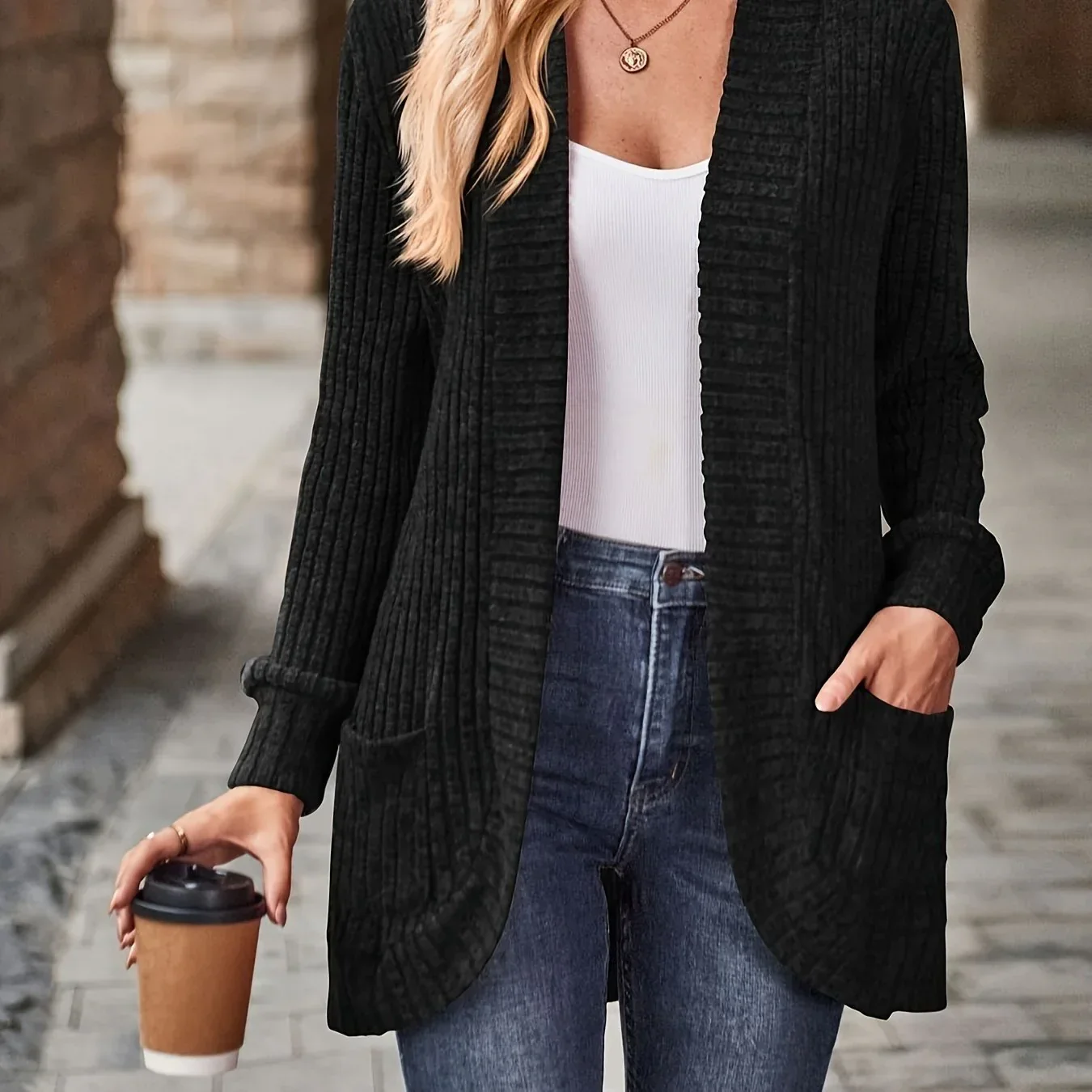 Ribbed Knit Open Cardigan - Image 4