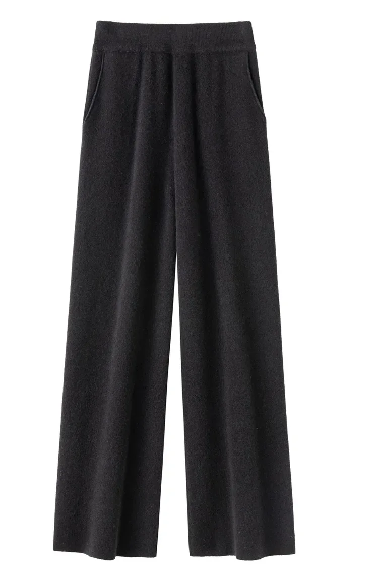 Elegant Pure High Waist Drooping Wide-Leg Pants Women's Outer Wear with Pockets Baggy Straight Trousers Knitted Mop Trousers - Image 15