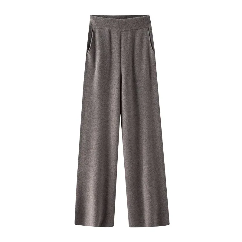 Elegant Pure High Waist Drooping Wide-Leg Pants Women's Outer Wear with Pockets Baggy Straight Trousers Knitted Mop Trousers - Image 19