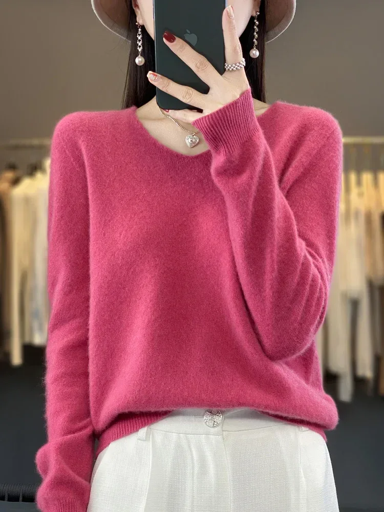 Fashion100% Merino Wool Sweater Cashmere Pullover Women Knitwear V-Neck Long Sleeve Autumn Winter Fashion Basic Clothing Tops - Image 23