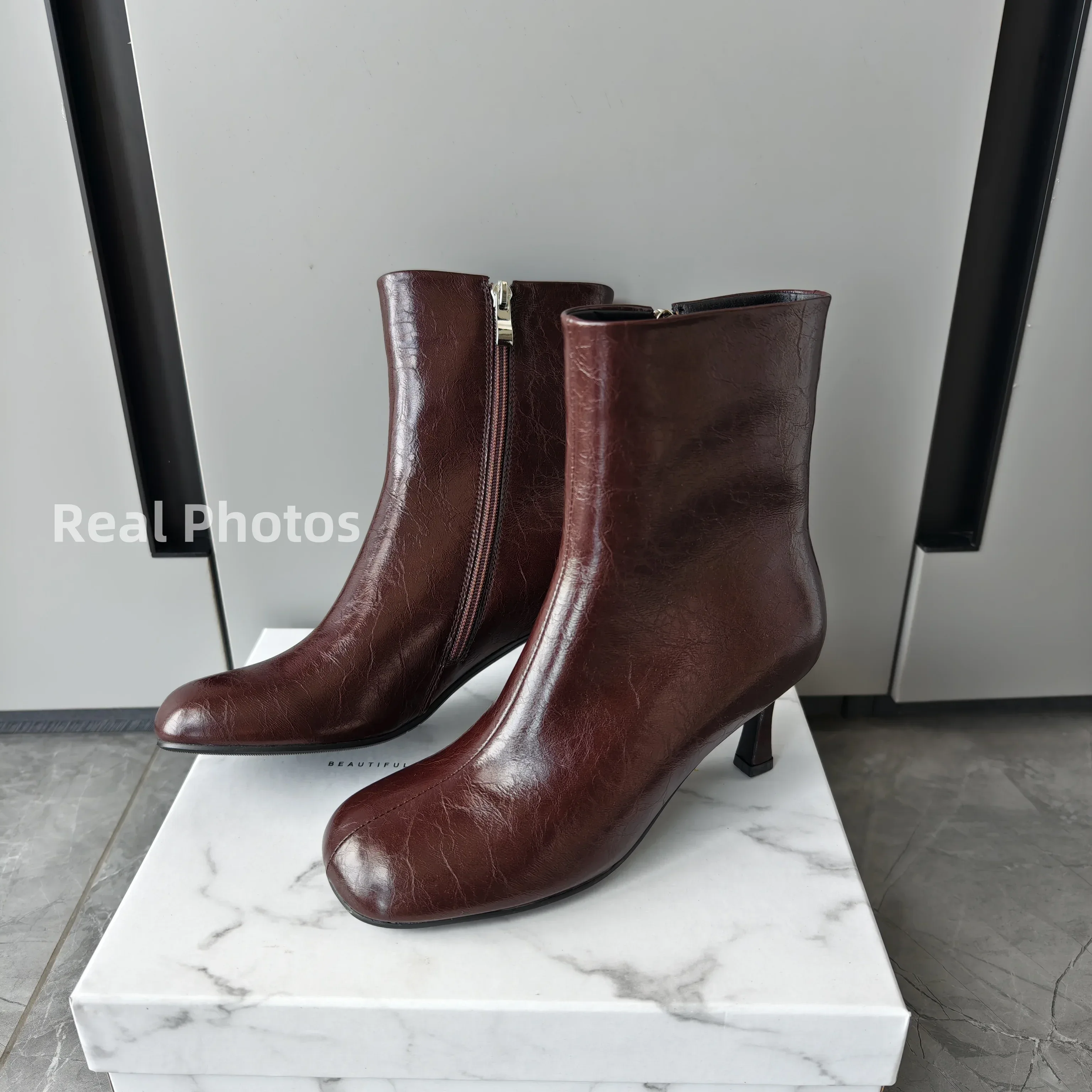 FEDONAS Fashion Women Genuine Leather Thin High Heels Warm Autumn Winter Ankle Boots Round Toe Short Elegant Short Boots Shoes - Image 16
