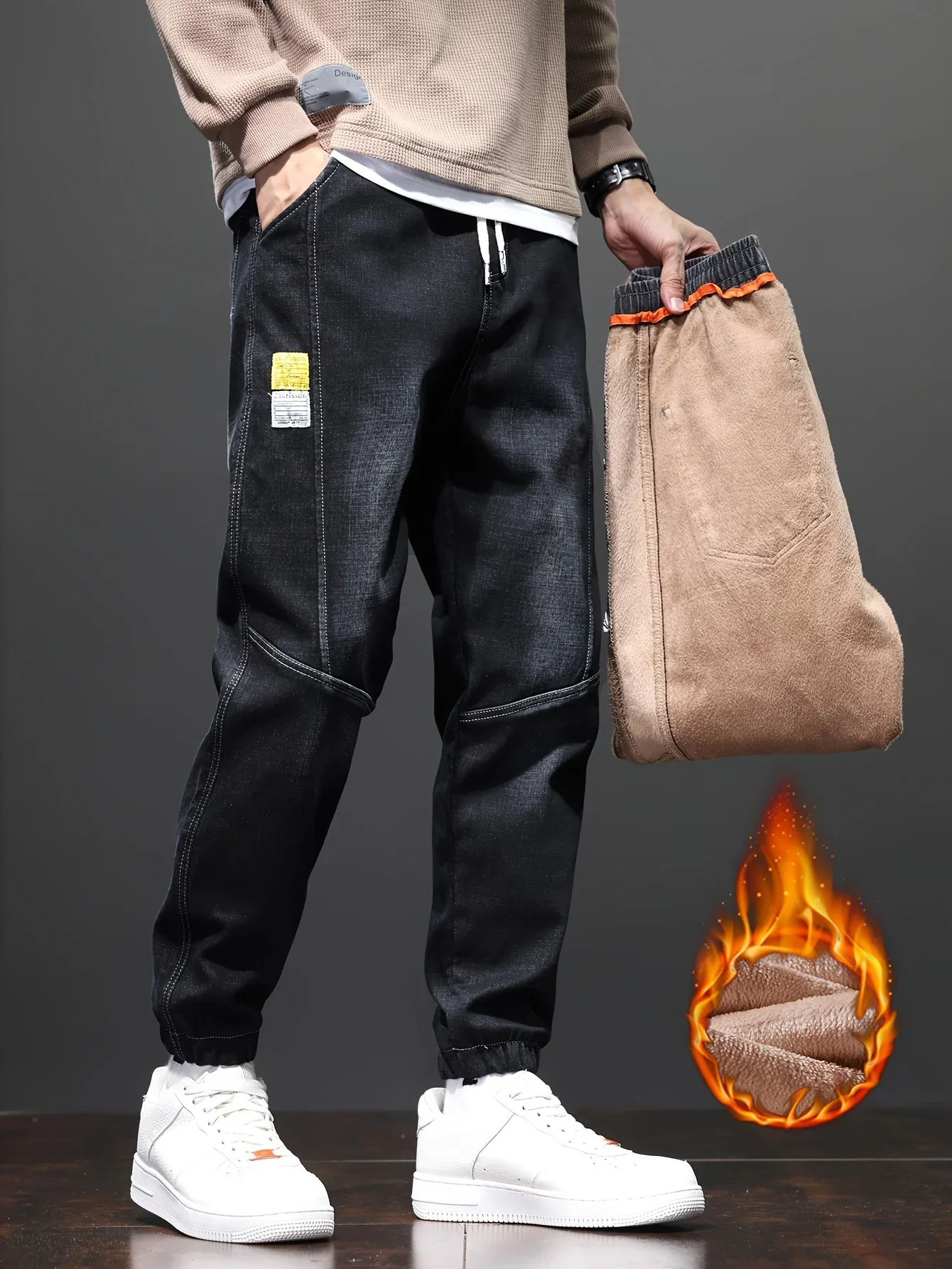 Fleece-Lined Stretch Denim Joggers - Image 5