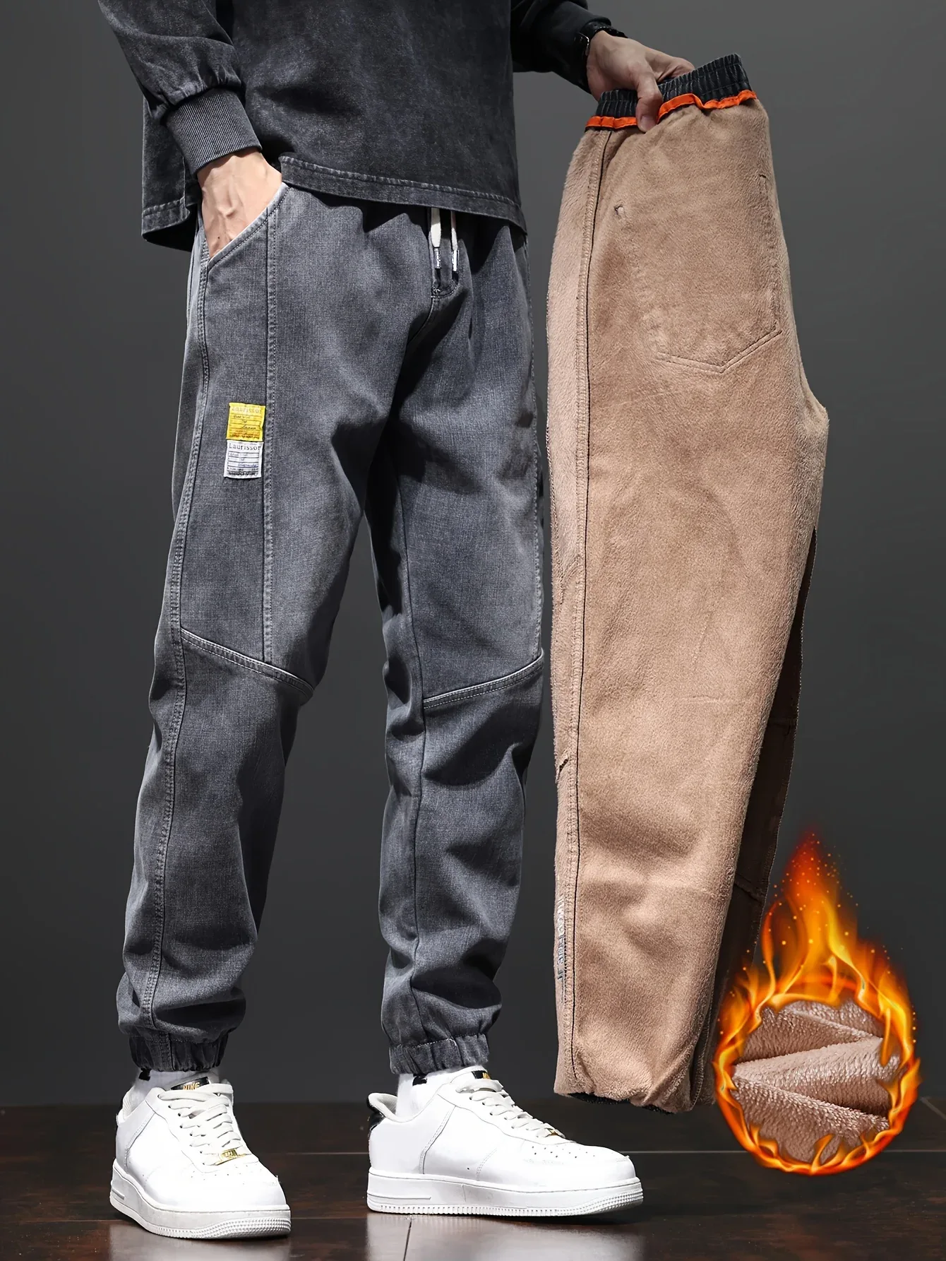 Fleece-Lined Stretch Denim Joggers - Image 6