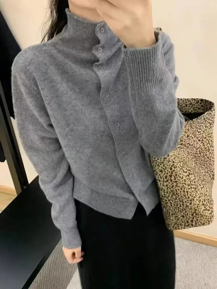 French-style high-neck 100 pure cashmere knitted cardigan for women's autumn and winter loose sweater with wool base coat - Image 10