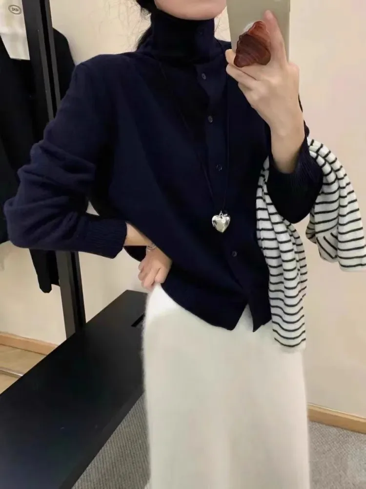 French-style high-neck 100 pure cashmere knitted cardigan for women's autumn and winter loose sweater with wool base coat - Image 12