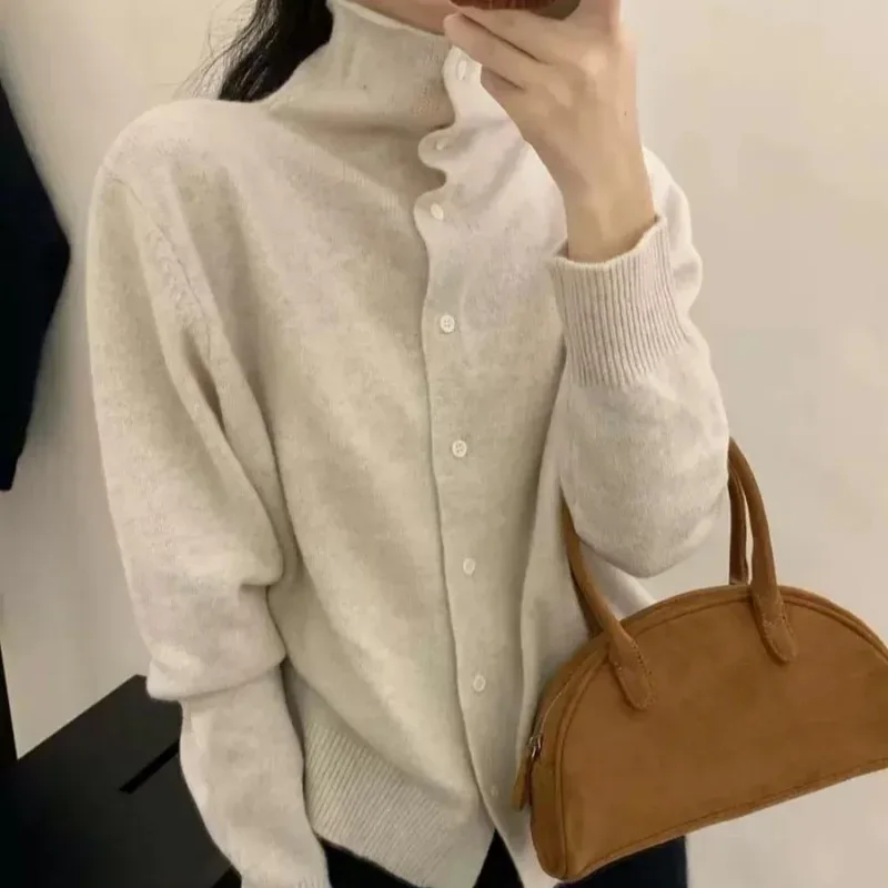 French-style high-neck 100 pure cashmere knitted cardigan for women's autumn and winter loose sweater with wool base coat - Image 13