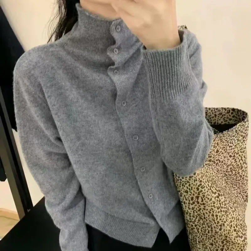 French-style high-neck 100 pure cashmere knitted cardigan for women's autumn and winter loose sweater with wool base coat - Image 14