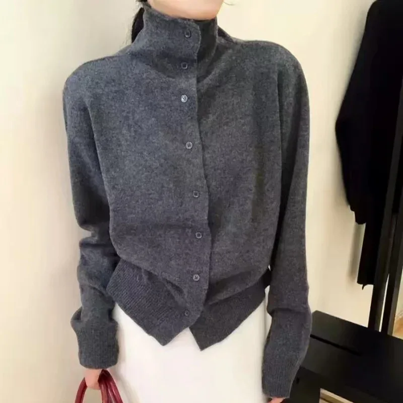 French-style high-neck 100 pure cashmere knitted cardigan for women's autumn and winter loose sweater with wool base coat - Image 16