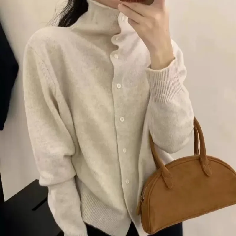 French-style high-neck 100 pure cashmere knitted cardigan for women's autumn and winter loose sweater with wool base coat - Image 3