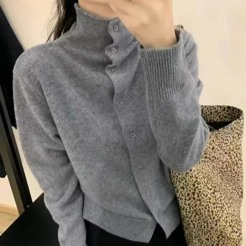 French-style high-neck 100 pure cashmere knitted cardigan for women's autumn and winter loose sweater with wool base coat - Image 4