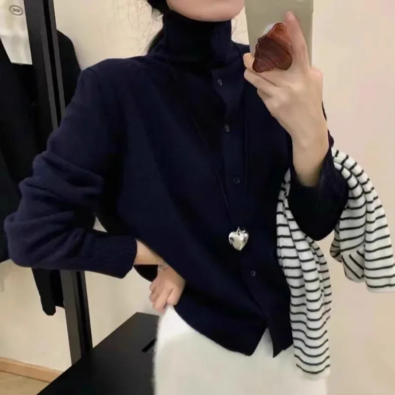 French-style high-neck 100 pure cashmere knitted cardigan for women's autumn and winter loose sweater with wool base coat - Image 5