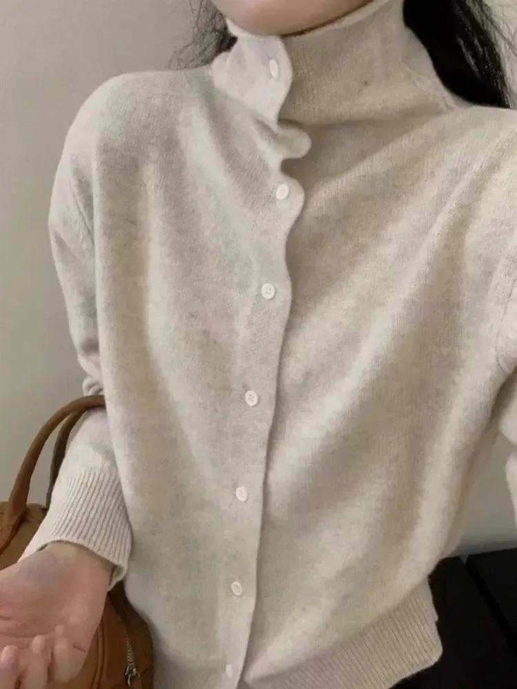 French-style high-neck 100 pure cashmere knitted cardigan for women's autumn and winter loose sweater with wool base coat - Image 6