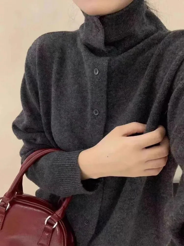 French-style high-neck 100 pure cashmere knitted cardigan for women's autumn and winter loose sweater with wool base coat - Image 7