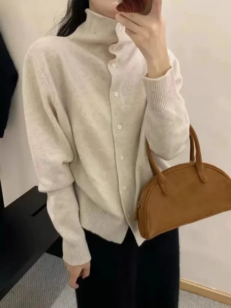French-style high-neck 100 pure cashmere knitted cardigan for women's autumn and winter loose sweater with wool base coat - Image 8