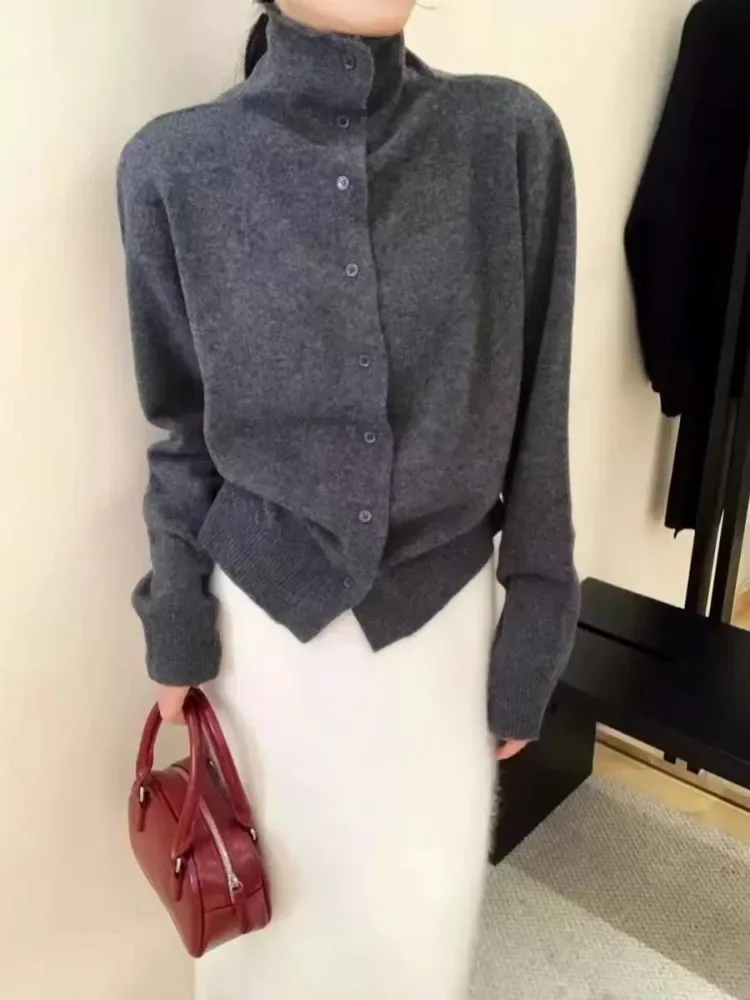French-style high-neck 100 pure cashmere knitted cardigan for women's autumn and winter loose sweater with wool base coat - Image 9