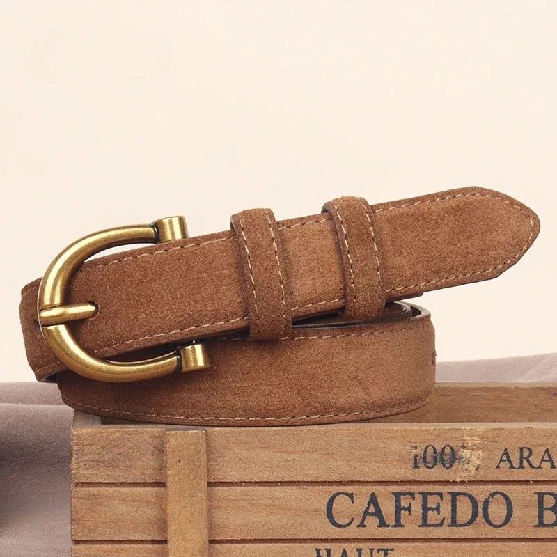 Genuine Leather Suede Women Belt Fashion Skinny Waistband Retro Gold Buckle Brown Belts for Jeans Pants