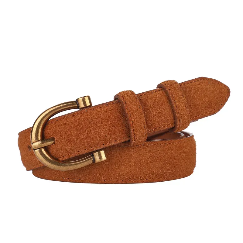 Genuine Leather Suede Women Belt Fashion Skinny Waistband Retro Gold Buckle Brown Belts for Jeans Pants - Image 11