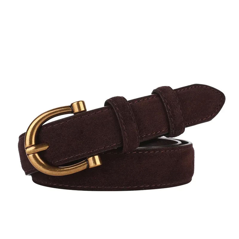 Genuine Leather Suede Women Belt Fashion Skinny Waistband Retro Gold Buckle Brown Belts for Jeans Pants - Image 12