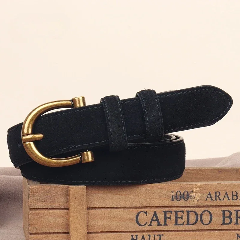 Genuine Leather Suede Women Belt Fashion Skinny Waistband Retro Gold Buckle Brown Belts for Jeans Pants - Image 14