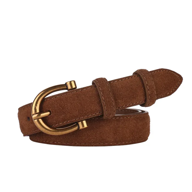 Genuine Leather Suede Women Belt Fashion Skinny Waistband Retro Gold Buckle Brown Belts for Jeans Pants - Image 15