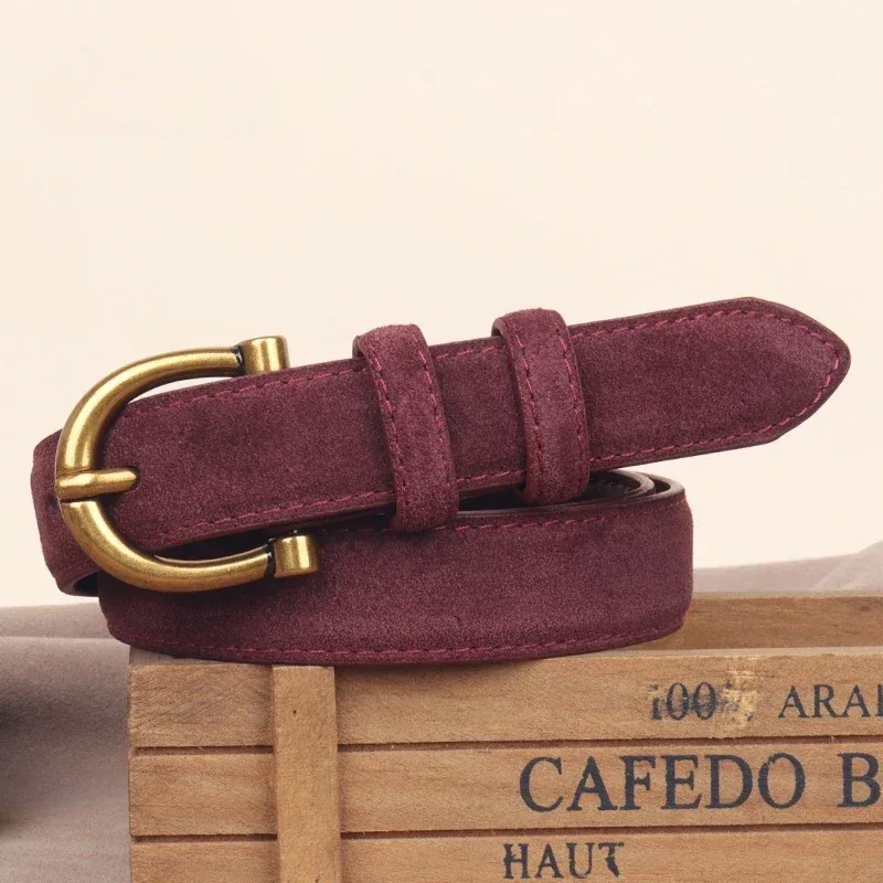 Genuine Leather Suede Women Belt Fashion Skinny Waistband Retro Gold Buckle Brown Belts for Jeans Pants - Image 16