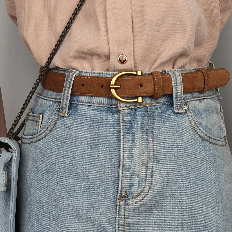 Genuine Leather Suede Women Belt Fashion Skinny Waistband Retro Gold Buckle Brown Belts for Jeans Pants - Image 2