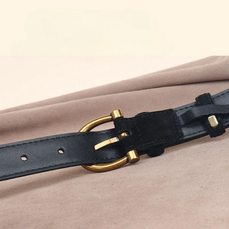 Genuine Leather Suede Women Belt Fashion Skinny Waistband Retro Gold Buckle Brown Belts for Jeans Pants - Image 3
