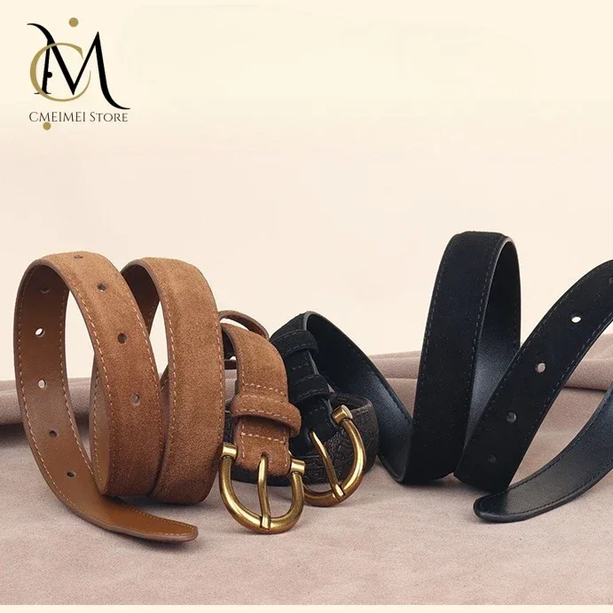 Genuine Leather Suede Women Belt Fashion Skinny Waistband Retro Gold Buckle Brown Belts for Jeans Pants - Image 4