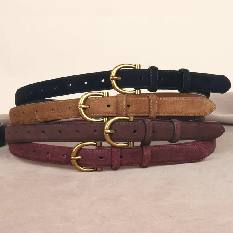 Genuine Leather Suede Women Belt Fashion Skinny Waistband Retro Gold Buckle Brown Belts for Jeans Pants - Image 5