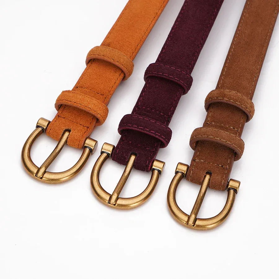 Genuine Leather Suede Women Belt Fashion Skinny Waistband Retro Gold Buckle Brown Belts for Jeans Pants - Image 7