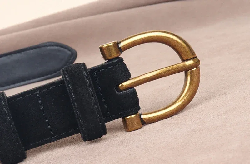 Genuine Leather Suede Women Belt Fashion Skinny Waistband Retro Gold Buckle Brown Belts for Jeans Pants - Image 9