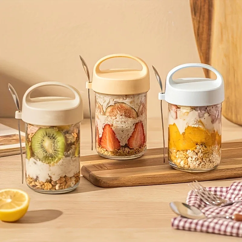 Glass Yogurt Cup with a Wide Mouth, Sealed Jar for Overnight Oats, Smoothie Cup, And a Breakfast Cup for Grains with a Spoon.