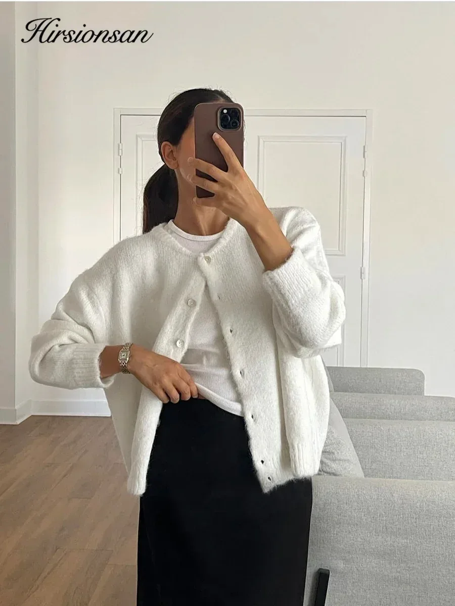 Hirsionsan Elegant Long Sleeve Sweater Women 2024 New Single-Breasted Female Casual Cardigan Soft Cashmere Knitted Outwear - Image 2